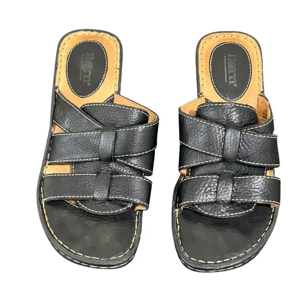 Born Black Leather Wedge Slide Sandals Women 8 39 W3496 K6 Contrast Stitching - Image 3