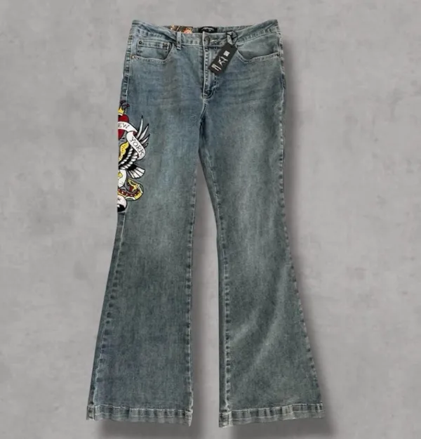 Ed Hardy Embroidered New York City Blue Denim Jeans Slim Flare - Image 3