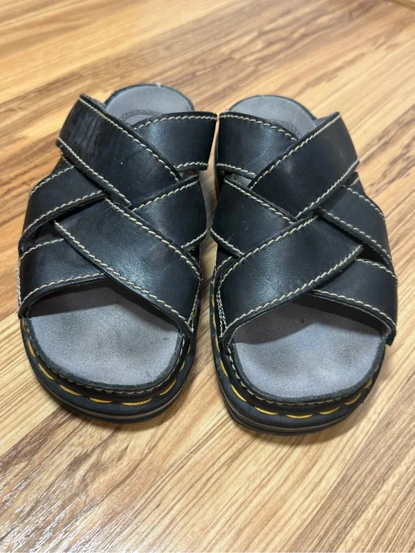 Vintage Y2K Doc Dr. Martens Leather Yellow Stitch Sandals Slides Sz 7 - Image 2