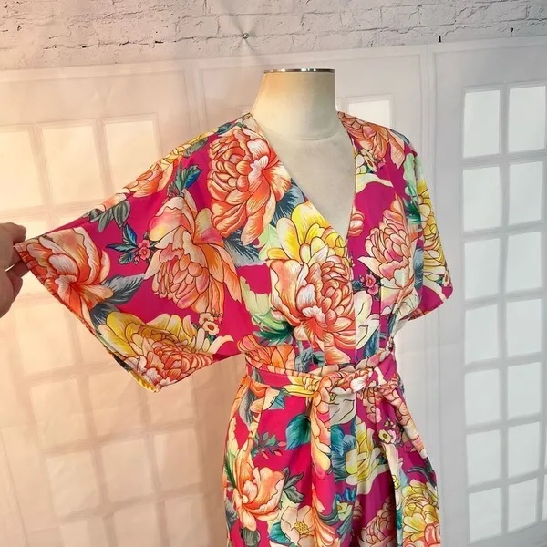 Farm Rio Anthropologie Eulalie pink floral Wide-Leg Jumpsuit size XS - Image 5
