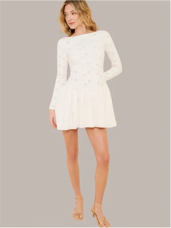 Free People White Eyelet Long Sleeve Drop Waist Mini Dress Sz L/G Romantic Boho - Image 5