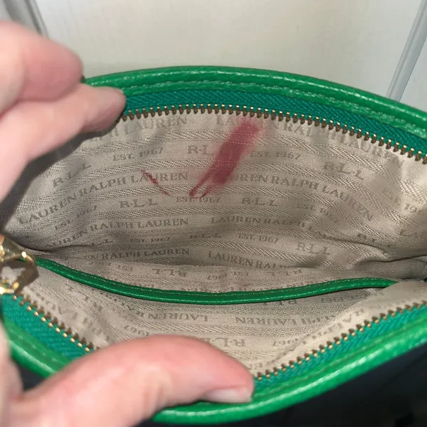 Lauren Ralph Lauren green leather purse. It does have a lipstick stain inside. - Image 4