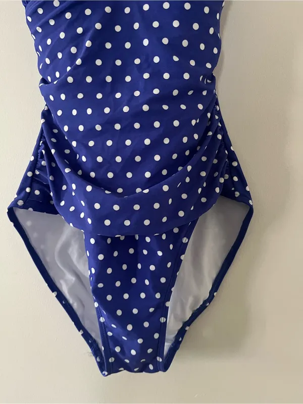 Lauren Ralph Lauren Blue White Polka Dot Halter One Piece Swimsuit 8 Ruched - Image 3