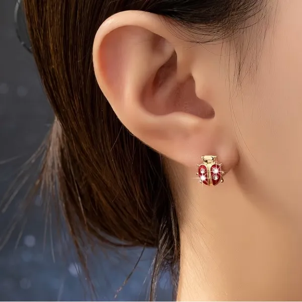 Red Ladybug Earrings with Gold Accents - Image 2