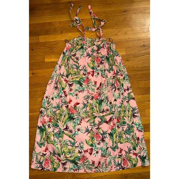 H&M Smocked-bodice strappy dress in a pink/floral or tropical pattern 12 New - Image 4