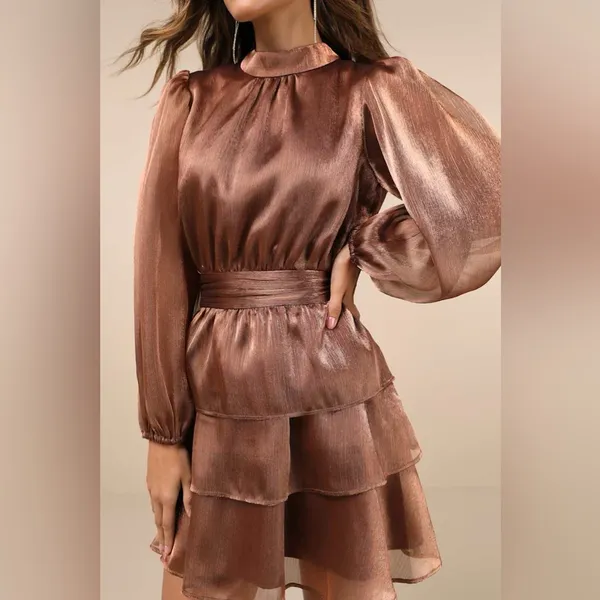 NWT‎ Lulus Dress Ideal Behavior Bronze Metallic Backless Tiered Mini Dress Small - Image 4