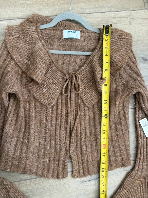 Old Navy Brown Wool Blend Ruffle Tie Front Bell Sleeve Cropped Knit Cardigan NWT - Image 9