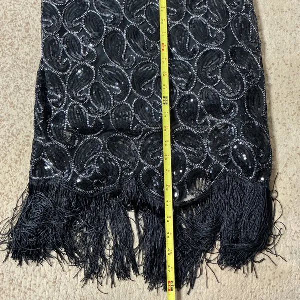 Flapper Gatsby Sequin Fringe Dress Womens XL Black Silver Paisley Glam - Image 2