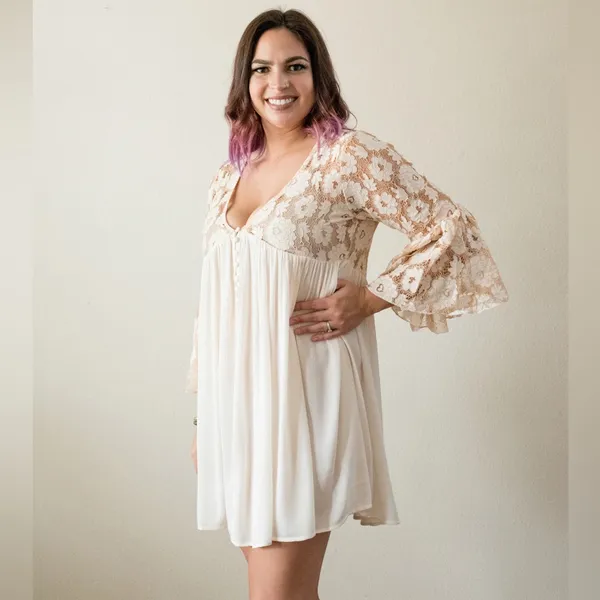 Boho Lace Bell Sleeve Babydoll Mini Dress / Tunic Festival Hippie Cottagecore M - Image 2