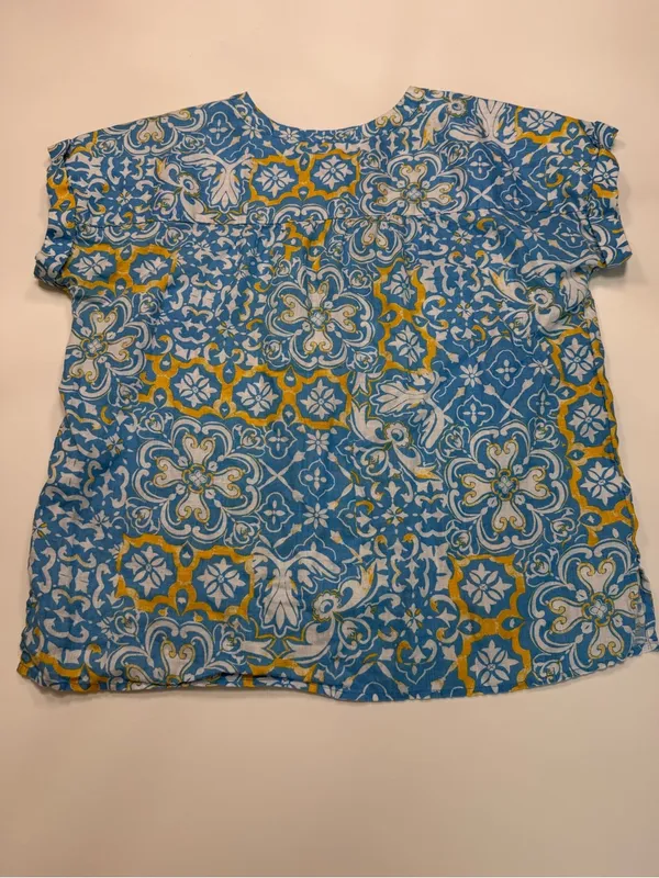 Ann Taylor Linen Blue Patterned Cap-Sleeve Blouse  Size Medium - Image 7