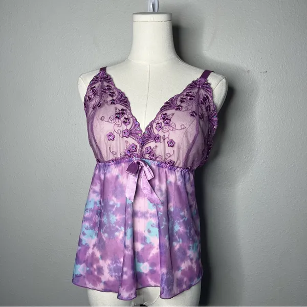 Y2K Vintage Purple Sheer Mesh Floral Fairycore Babydoll Tank Top Lingerie - Image 7