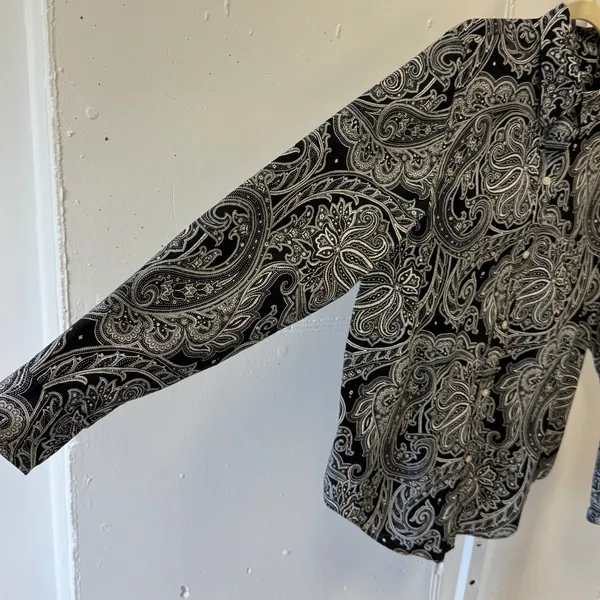 Lauren Ralph Lauren Black White Paisley Non-Iron Cotton Button Down Shirt Large - Image 5