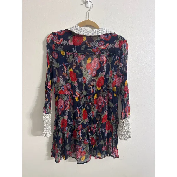 Free People Thunder Canyon Tunic Floral Button Front Sheer Navy Blue Boho Large - Image 4