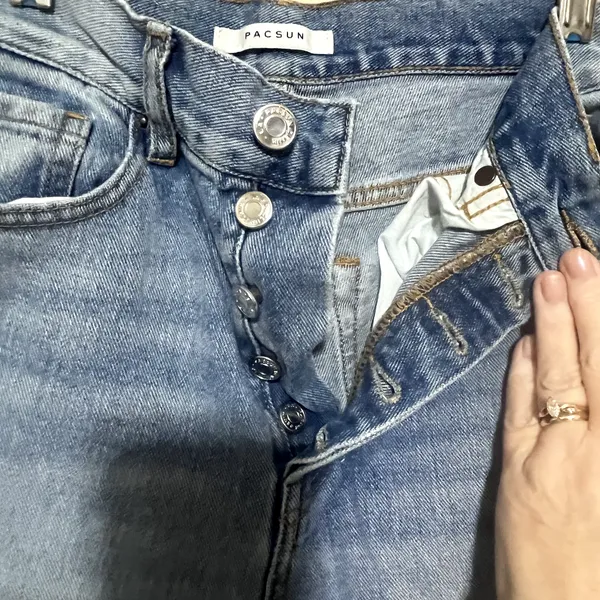 Pacsun Women's Blue Jeans size 24 Ultra High Rise Slim patchwork crop raw‎ hem - Image 4