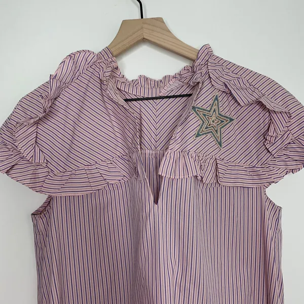 Sandro Striped Ruffled Cotton Rose Shirt Midi Dress Womens 2 - Image 7