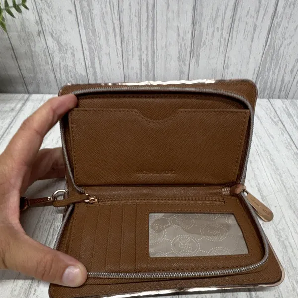 Michael Kors Brown Zip-Around Wristlet Wallet w/ Logo, Wrist Strap, Card Slots - Image 3
