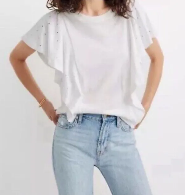 Madewell Hem & Thread White Holepunch Mix Flutter Top women’s size medium - Image 9