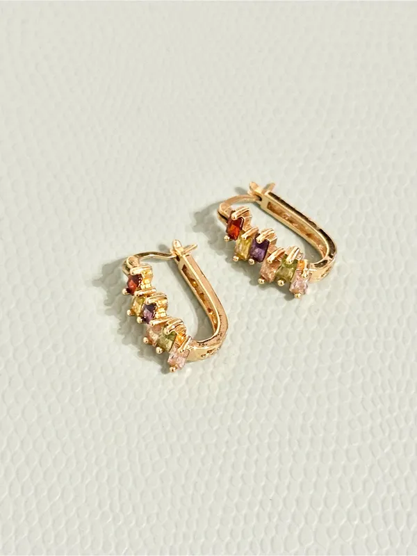 Rainbow Baguette Huggie Hoop Earrings Gold Plated Multicolor CZ Boho - Image 2