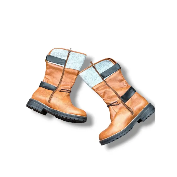 Moto Boots Womens 41 Brown Grey Felt Cuff Lug Sole Mid Calf Harness Strap NWOT - Image 2
