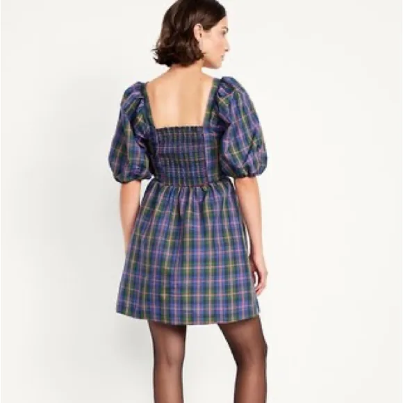 Old Navy Puff-Sleeve Blue Plaid Fit & Flare Taffeta Mini Dress Large Preppy Work - Image 10