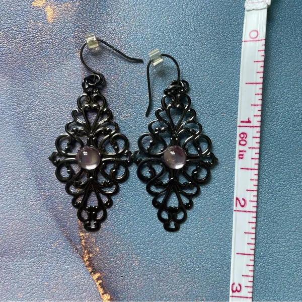 Pewter Filigree Boho Drop Earrings Pink Purple Stone Accent Y2K Dainty‎ Jewelry - Image 8
