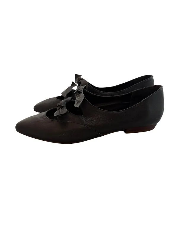 Video Black Pointed Toe Bow Mary Jane Leather Ballet Flats Cutout Size 7 Women's - Image 7