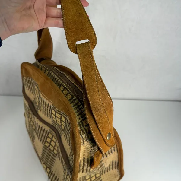 Vintage Brown Suede Tapestry Travel Bag Geometric 70s Boho Weekender Talon Zip - Image 13