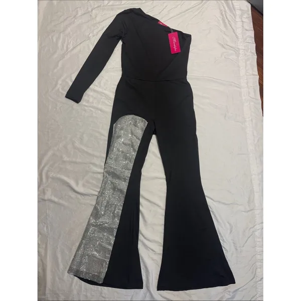 NWT Mundefeis Black One Shoulder Rhinestone Jumpsuit Flare Leg Party Romper S - Image 2