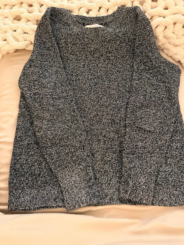 LOFT Black White Marled Crew Neck Sweater with Button Cuffs Size L - Image 2