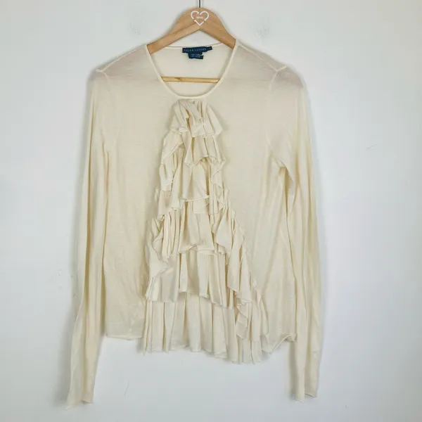 Ralph Lauren ultra fine knit semi-sheer ivory knit long sleeve ruffle top. Large - Image 2