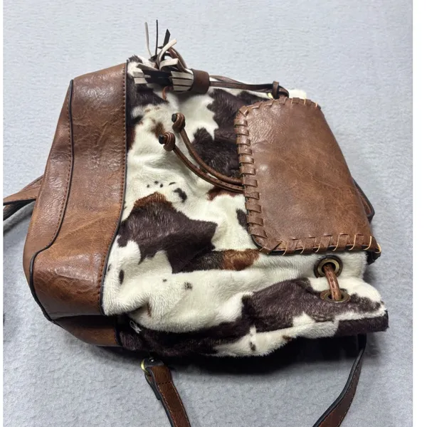 Jen & Co Backpack OS Cow Print Brown Faux Leather Tassel Western Boho Bag - Image 11