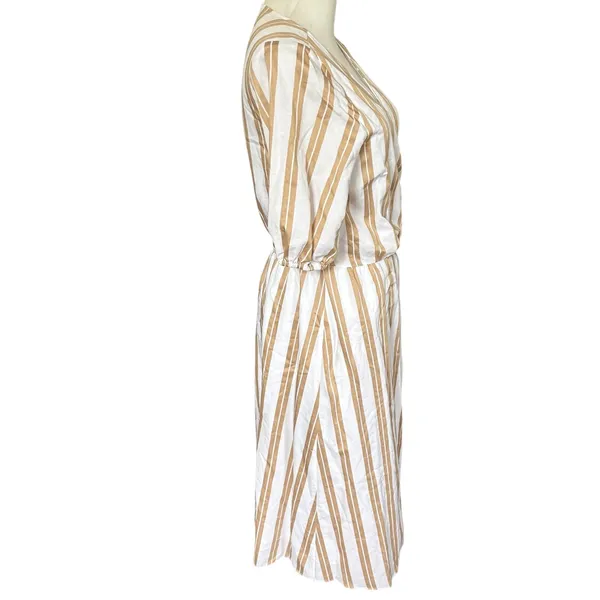 Ann Taylor Striped Midi Wrap Dress Sz M White Brown Puff Sleeves Coastal Chic - Image 3