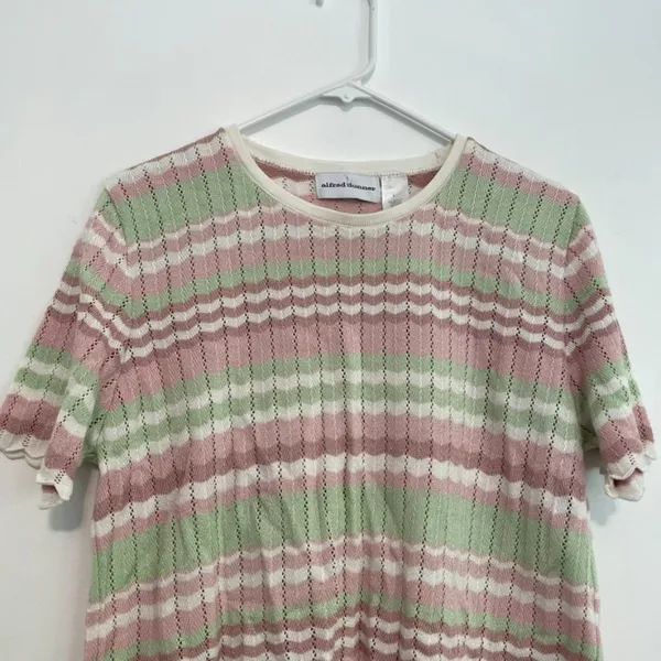 ALFRED DUNNER White Mauve Pink Green Chevron Striped Short Sleeve Sweater Top L - Image 3