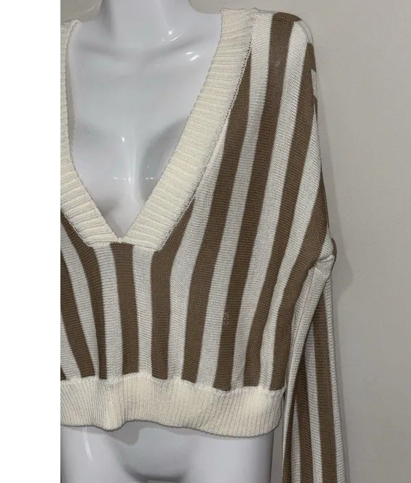 Honey Belle Sweater Womens Med Crop Top Tight Knit Brown & Ivory - Image 6