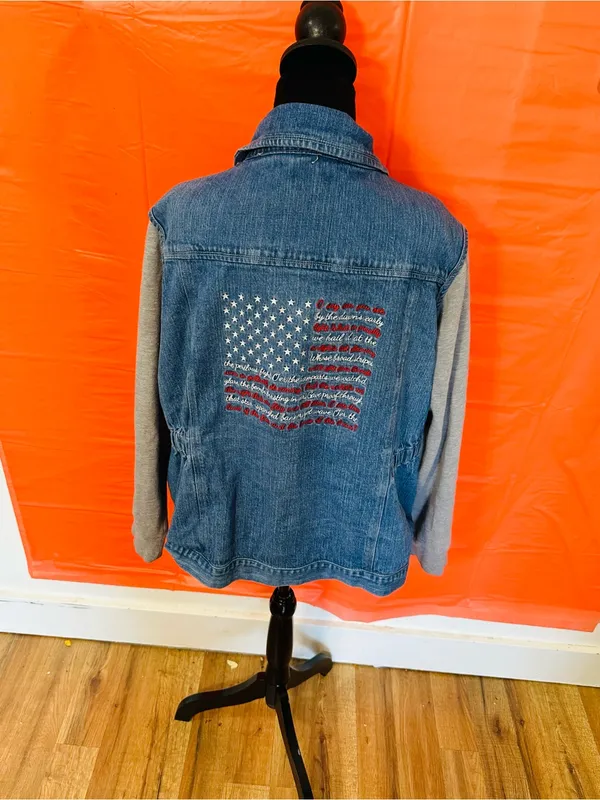 Denim Jacket with Grey Knit Sleeves and Flag Patch Blue Size XXL - Image 7
