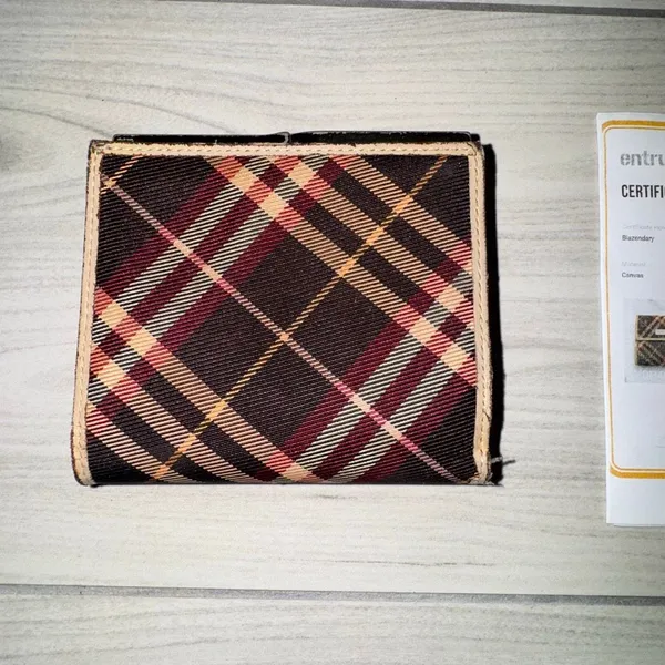 Burberry Blue Label tri-fold wallet in a burgundy‎ and tan plaid pattern - Image 7