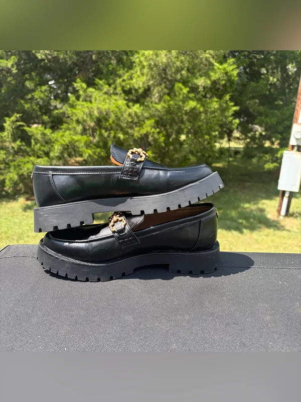 Sam & Libby Rylan Black Lug Sole Platform Chain Loafers Size 8.5 - Image 4