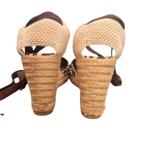 Tory Burch Wedge Espadrille Lace‎ Up Ankle Strap 38 Geometric Canvas Resortwear - Image 5