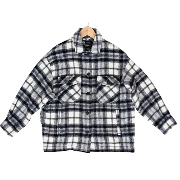 Zara Italian Fabric Wool Plaid Oversized Shacket Shirt Jacket Black White Small - Image 2
