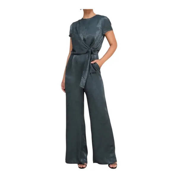 Lulus Let Me Entertain You Dark Green Satin Wide Leg Jumpsuit Tie Front Size XS - Image 3