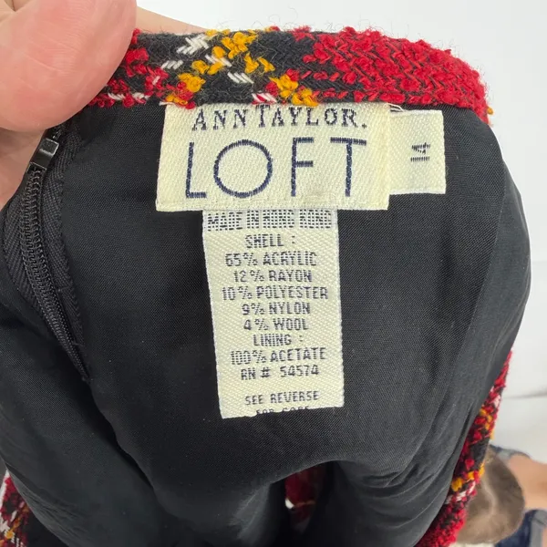 Vintage Ann Taylor LOFT Red Plaid Tweed Mini‎ Skirt Size 4 Wool Blend Preppy - Image 3