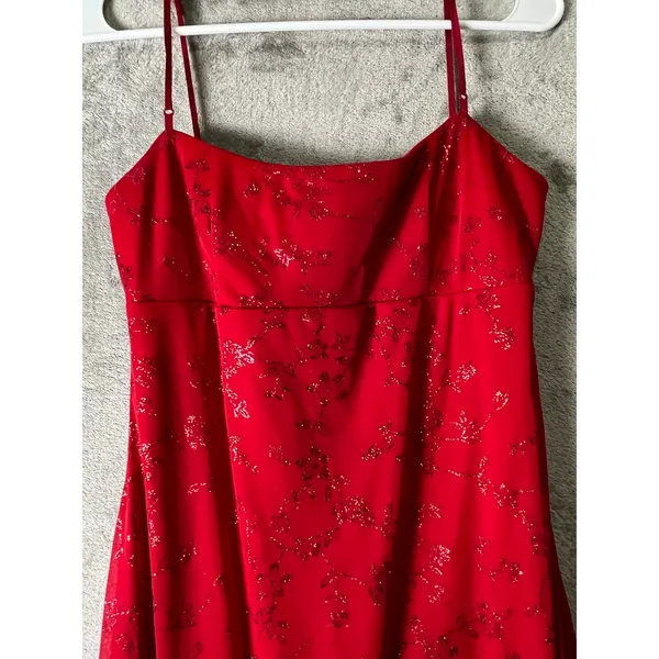 Vintage Y2K Femme Fatale Red Glitter Floral Slip Maxi Dress Romantic Goth Glam M - Image 2