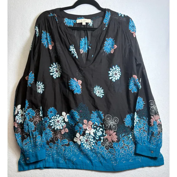 Loft Floral Border Print Split Neck Blouse Black Blue Boho Top Medium - Image 3