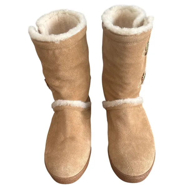 Tory Burch Ginger Suede Shearling Boots 8 Gold Double T Button Winter - Image 2
