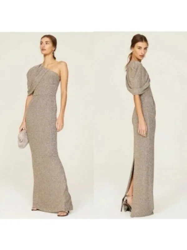 Black Halo EVE Egan One Shoulder Metallic Gown 0 Gold Luxe Long Stretch Pleated - Image 2