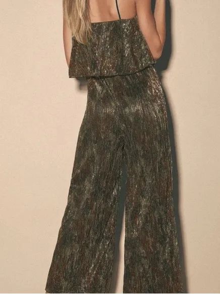 Lulu's Metallic Olive Green Strapless Wide-Leg Jumpsuit - Image 2