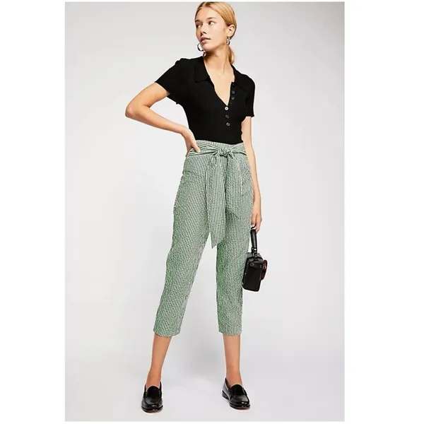 Free People West Side Tie Capri Pants Size 0 Green Gingham Retro Pinup Vintage - Image 9