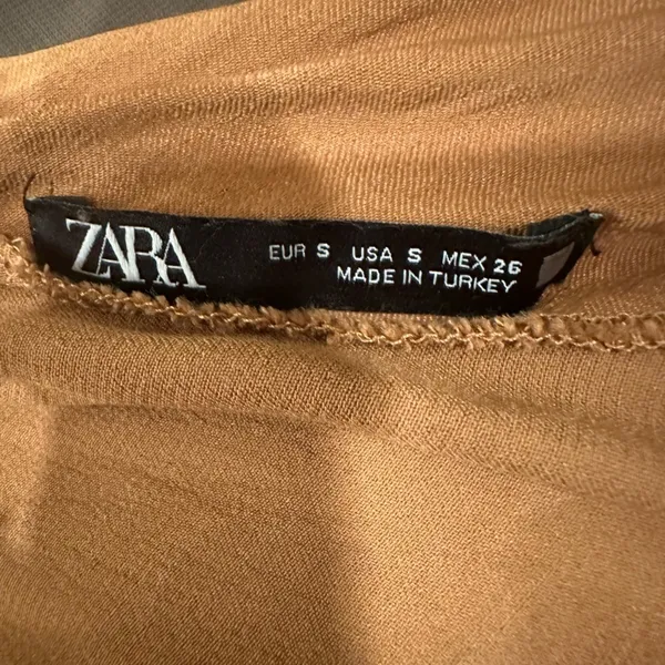 Zara Tan Flowy Neckline Silk Top Size Small EUC - Image 3