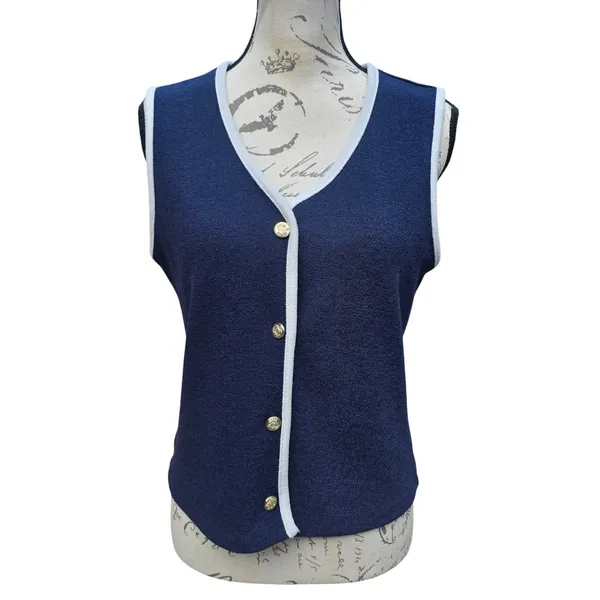 Bailey/44 Navy‎ Blue White Contrast Trim Sweater Vest Gold Crest Buttons Size M - Image 2