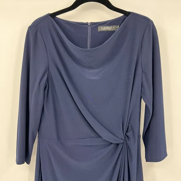 Lauren Ralph Lauren Black Label Sheath Dress Navy Twist Front 3/4 Sleeves Size 6 - Image 3